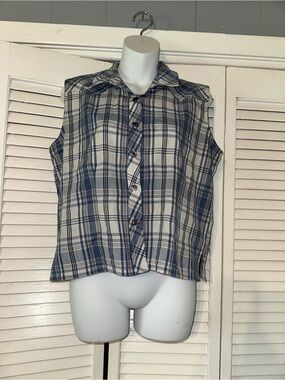 Nick & Sarah Plaid Sleeveless Button Front Blouse Women's Size Large Blue White